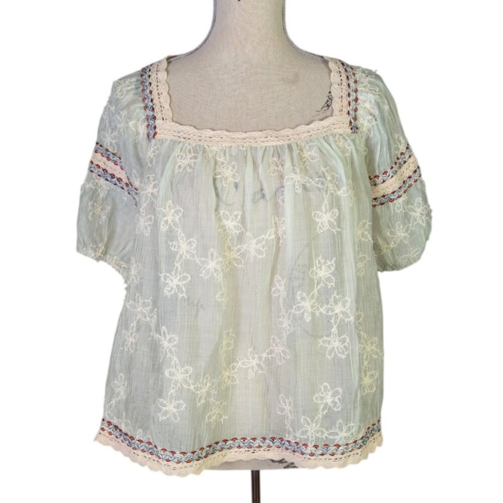 POL Boho Cottagecore Embroidered Sheer Peasant Top Mint Green L